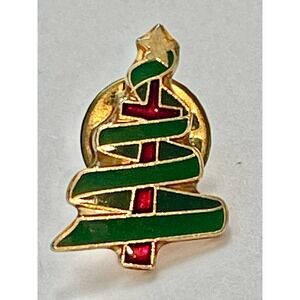 Vintage CTA Christmas‎ Tree Lapel Pin Gold Tone Green Red Enamel Holiday 00856
